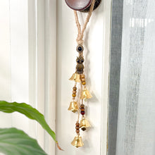 Load image into Gallery viewer, Intention Hanging Bells with brass bells, wooden beads, jute cord and decorative charms