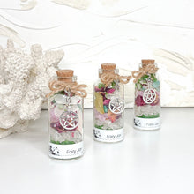 Load image into Gallery viewer, Fairy Wish Jar with crystal chips, moss, dried flowers, rose petals and silver pentagram star charm