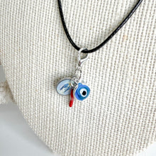Load image into Gallery viewer, La Protezione sacred protection necklace with Mother Mary, Italian red corno and blue evil eye charms on black cord