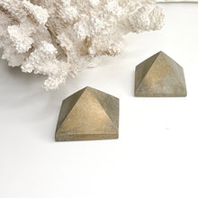 Load image into Gallery viewer, Pyrite crystal pyramid approximately 4cm wide showing polished pyramid shape
