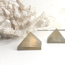 Load image into Gallery viewer, Polished Pyrite crystal pyramids approximately 4cm with natural metallic earthy colouring
