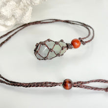 Load image into Gallery viewer, Natural Fluorite macramé necklace with adjustable brown cord and beaded detail
