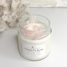 Load image into Gallery viewer, Vanilla Bliss Buttercream Vanilla soy candle with Rose Quartz and Clear Quartz crystals by Soul Warrior Collective

