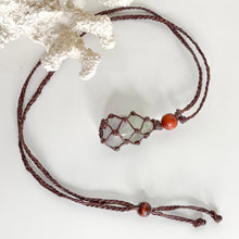 Load image into Gallery viewer, Natural Fluorite macramé necklace with adjustable brown cord and beaded detail
