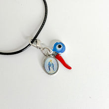 Load image into Gallery viewer, La Protezione sacred protection necklace with Mother Mary, Italian red corno and blue evil eye charms on black cord
