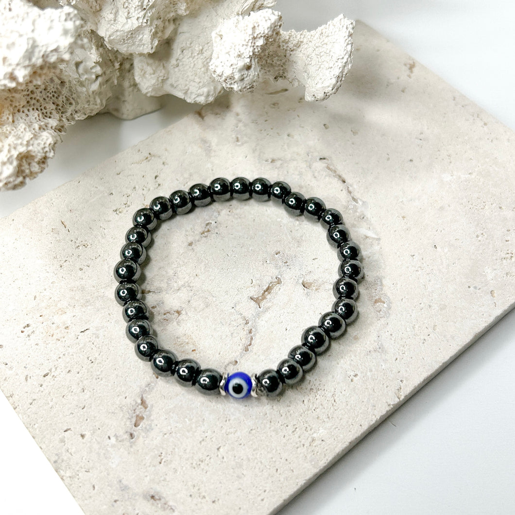 HEMATITE EVIL EYE PROTECTION BRACELET