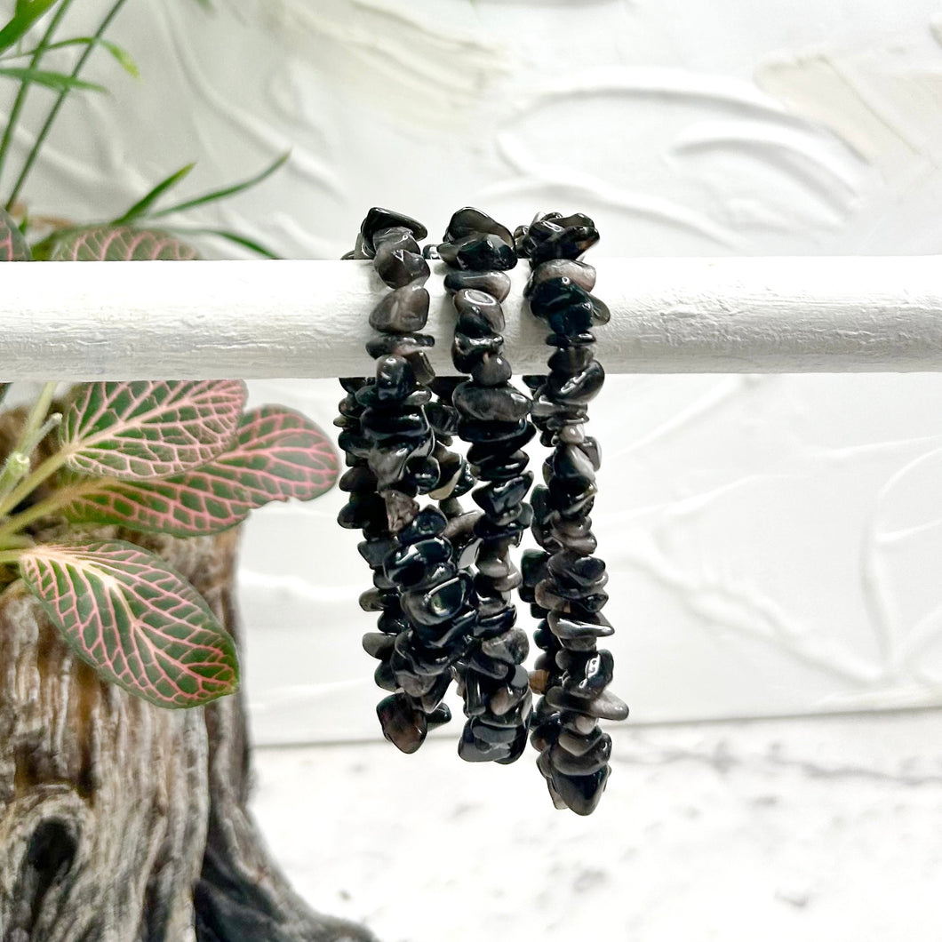 SILVER SHEEN OBSIDIAN CHIP BRACELET