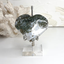 Load image into Gallery viewer, Polished Moss Agate hearts with natural white grey and earthy moss-like patterns
