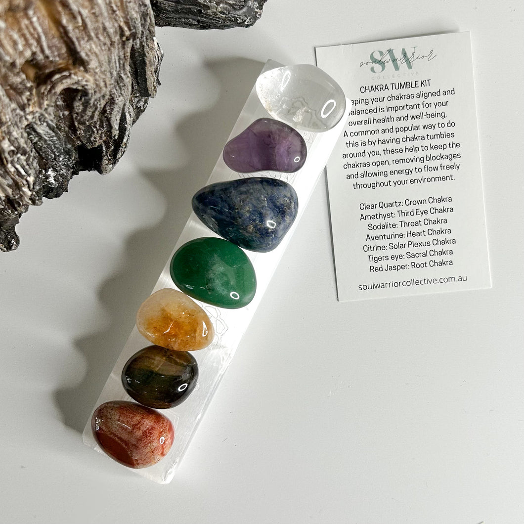 CHAKRA TUMBLE KIT W/SELENITE ENGRAVED ROD