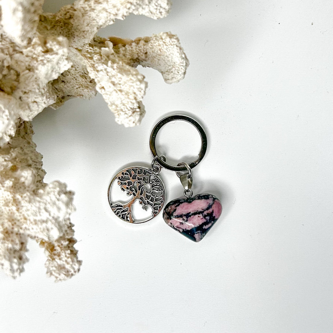 RHODONITE TREE OF LIFE HEART KEY RING